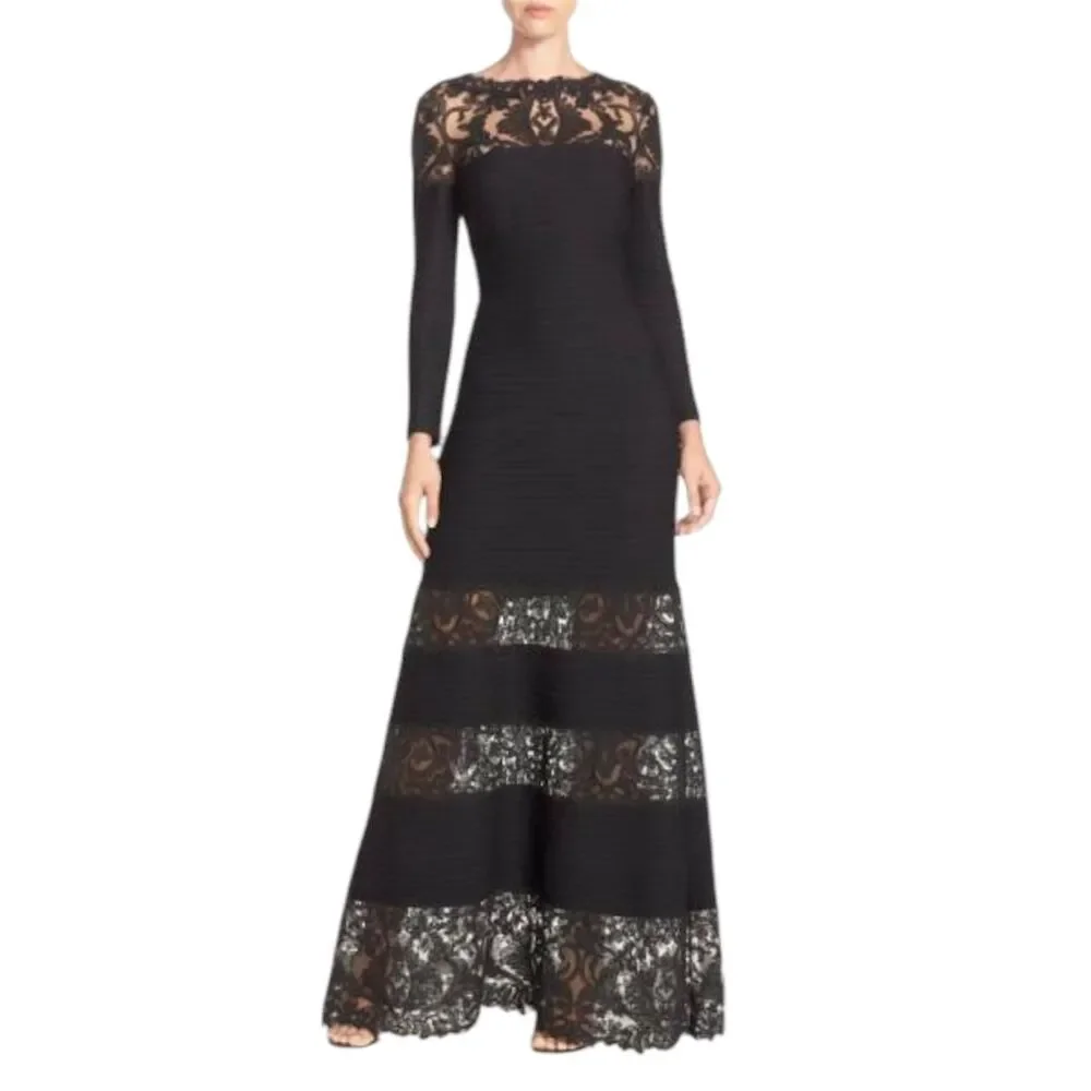 Tadashi Shoji XL Black Lace Corded Embroidery Tulle Pintuck Jersey Boatneck Long - Picture 1 of 8